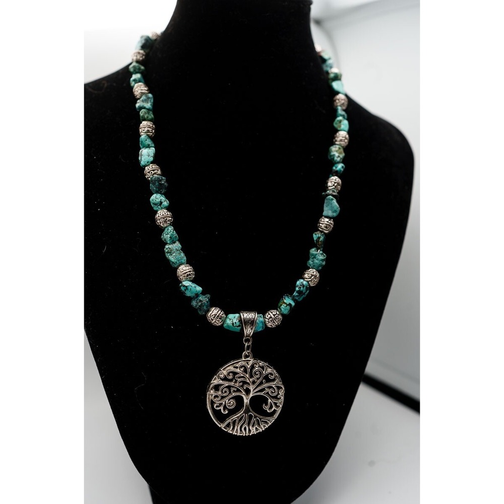Turquoise bead silver tone necklace tree of life pendant 18"